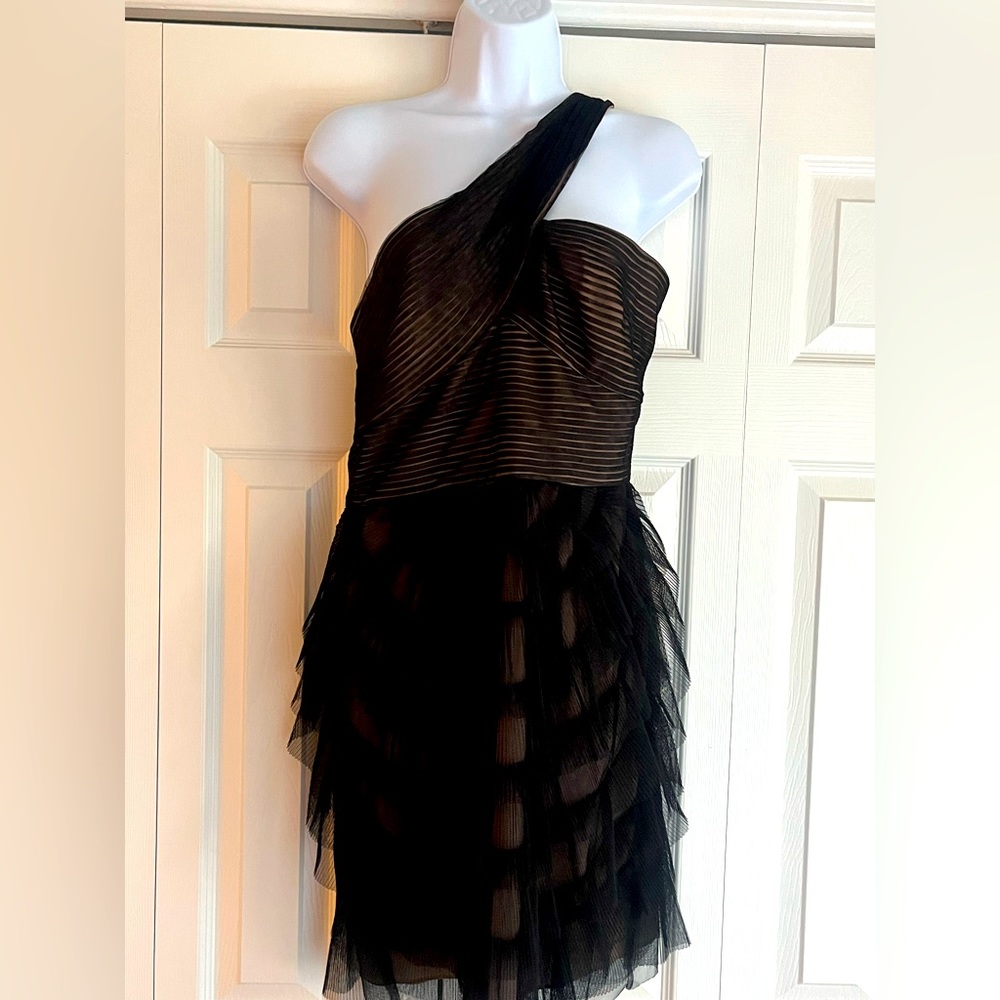BCBGmaxazria One Shoulder Black Toile + Tan Lining Cocktail Dress